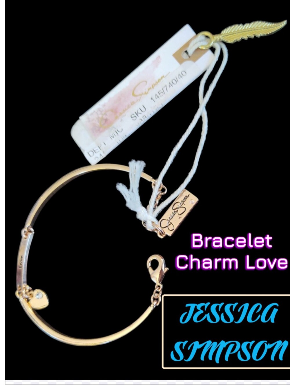 Jessica Simpson Love Heart Charm Bracelet Gold Tone + Charm Feather  7.6 " NWT